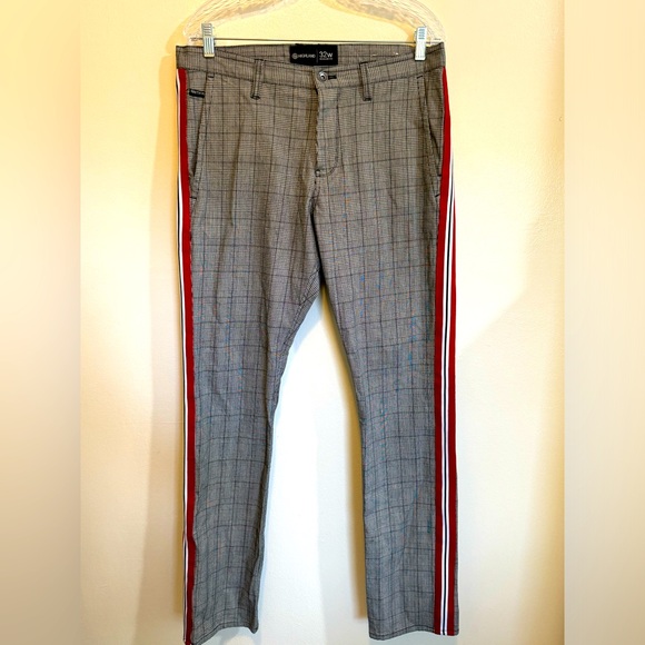 Ninth Hall Highland Zumiez Gray/Black Plaid Chino Pants w/Red Stripe - Men's 32W - Picture 1 of 13